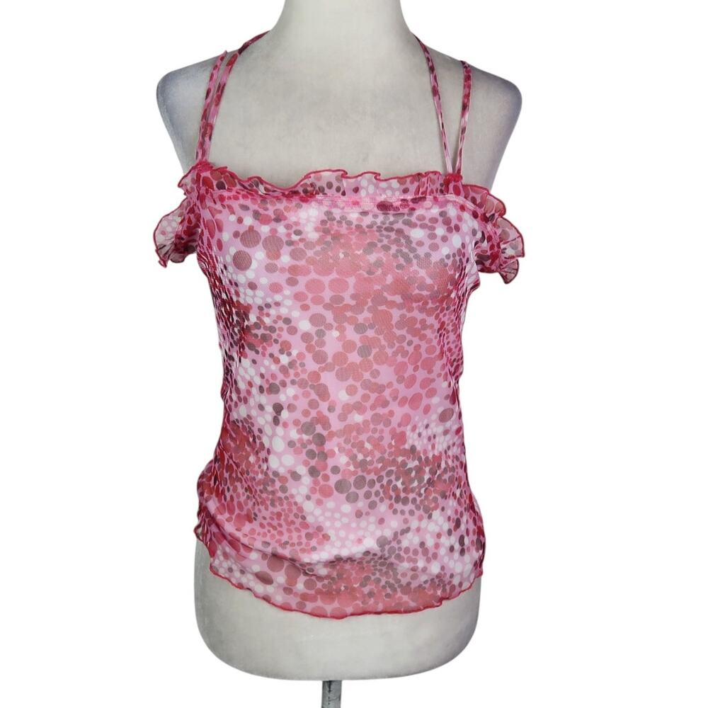 Vintage 90s/Y2K Dollhouse Pink Dot Print Mesh Halter Tank Top Ruffles